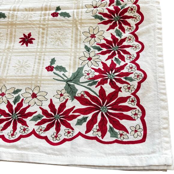 Christmas holiday cotton cloth napkins set of 4 red poinsettias white & green - Picture 2 of 6